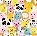 Watercolour Cute Animal Faces Pattern Seamless Stock Photo