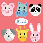 Watercolour Cute Animal Faces, Pig, Hippo, Panda, Dog, Giraffe, Rabbit Stock Photo
