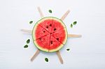 Watermelon Slice Popsicles On White Background Stock Photo