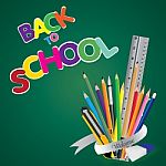 Welcome Back To School. Board With Object Tool For School On A Green Background Stock Photo