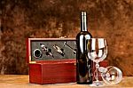 Wine Bottle And Two Wine Glasses Stock Photo