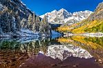 Winter And Fall Foliage At Maroon Bells, Co Stock Photo