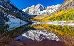Winter And Fall Foliage In Maroon Bells, Aspen, Co Stock Photo