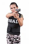 Woman And Gun Stock Photo