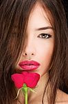 Woman And Red Rose Stock Photo