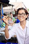 Woman And Sea Crab In Hand Standing In Ang Sila Fishery Bridge F Stock Photo