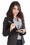 Woman And Tablet Stock Photo