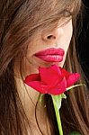 Woman And Wet Red Rose Near Her Lips Stock Photo