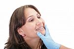 Woman Checking His Routine Brackets On Her Dentist Stock Photo