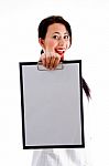 Woman Chef Showing Her Blank Clipboard Stock Photo