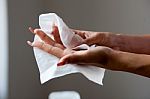 Woman Cleaning Hands Stock Photo