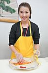 Woman Cooking Kimchi Stock Photo
