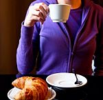 Woman Drinking Cappuccino At Breakfast Close-up Stock Photo