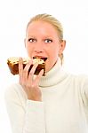 Woman Eating Panettone Stock Photo