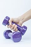Woman Hand Holding Dumbbell Weight Isolated On White Background Stock Photo