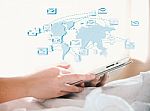 Woman Hand Using Digital Tablet Show The Social Network,social M Stock Photo