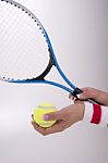 Woman Hands With Tennis Racket Stock Photo