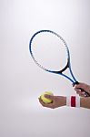 Woman Hands With Tennis Racket Stock Photo