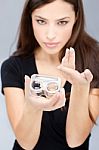 Woman Hold Contact Lenses Cases Stock Photo
