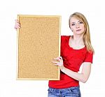 Woman Holding Cork Board Stock Photo