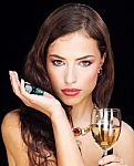Woman Holding Gamble Dices And Wine Stock Photo