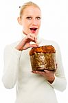 Woman Holding Panettone Stock Photo