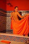 Woman In Bathroom With Towel Stock Photo