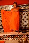 Woman In Bathroom With Towel Stock Photo