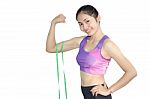 Woman In Sport Bra Measuring Her Body With Tape Isolated On Whit Stock Photo