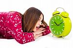 Woman Looking Alarm Clock Stock Photo