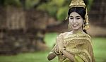 Woman Performing Typical Thai Dance With Thai Style Temple Backg Stock Photo