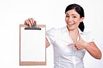 Woman Pointing Blank Clip Board Stock Photo
