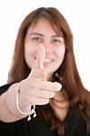 Woman Pointing Her Finger Stock Photo