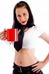 Woman Showing Red Coffee Cup Stock Photo
