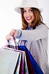 Woman Showing Shopping Bags Stock Photo