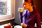 Woman Taking Breakfast Stock Photo