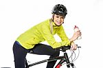 Woman With Bike Drinking Water Stock Photo