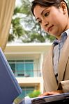 Woman Working Online From Home Stock Photo