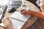 Woman Writing Shot Memories Note On White Paper With Relaxing Time And Emotion Stock Photo