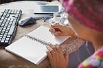 Woman Writing Shot Memories Note On White Paper With Relaxing Time And Emotion Stock Photo