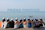 Women Friends Sit Hug Together Look Friend Forever Blue Sea Sky Stock Photo