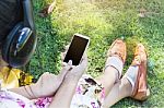 Women Or Girl With Smartphone Or Cellphone In Hand And Finger Pr Stock Photo