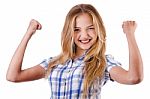 Women Shows Her Success By Raising Hands Stock Photo