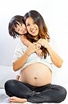Wonderful Pregnant Woman And Her Children Stock Photo