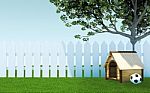 Wooden Dog Kennel Under Tree Shade On Green Grass Meadow With Soccer Ball And White Wooden Fence Stock Photo