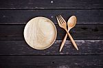 Wooden Plate Set Stock Photo