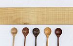 Wooden Spoon With Natural Pattern With Blank Wooden Sign Stock Photo