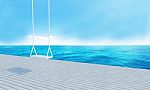 Wooden Swing With Beach Lounge Sea View And Blue Sky-3d Renderin Stock Photo