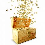 Wooden Treasure Chest Loaded With Golden Coins Stock Photo