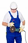Worker Holding Surface Grinding Machine Stock Photo